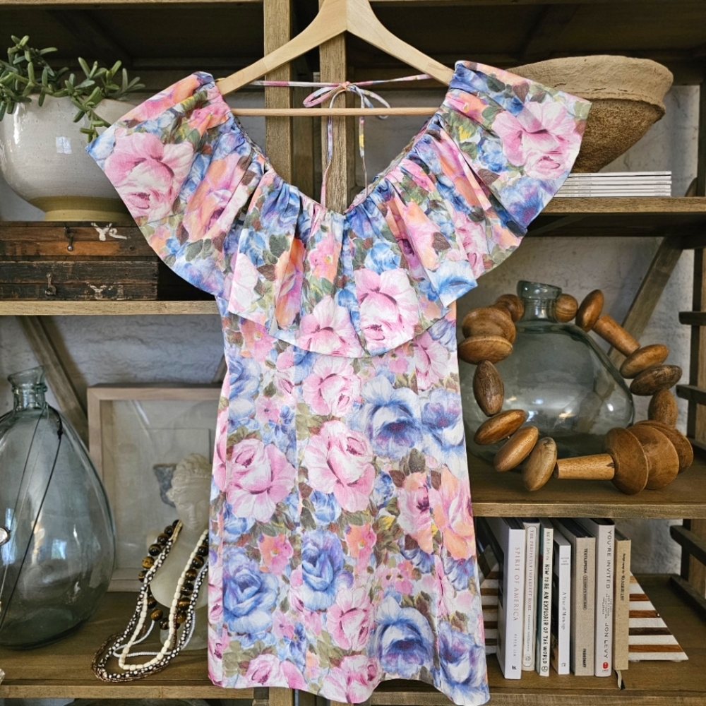 & Other Stories Floral Ruffle Mini Dress Pink & Blue Off-Shoulder Party - Picture 11 of 12